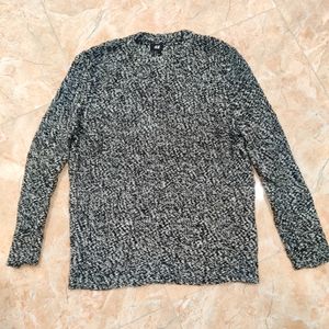 Wool Blend Pullover Marled Grey Black White Crew neck Sweater